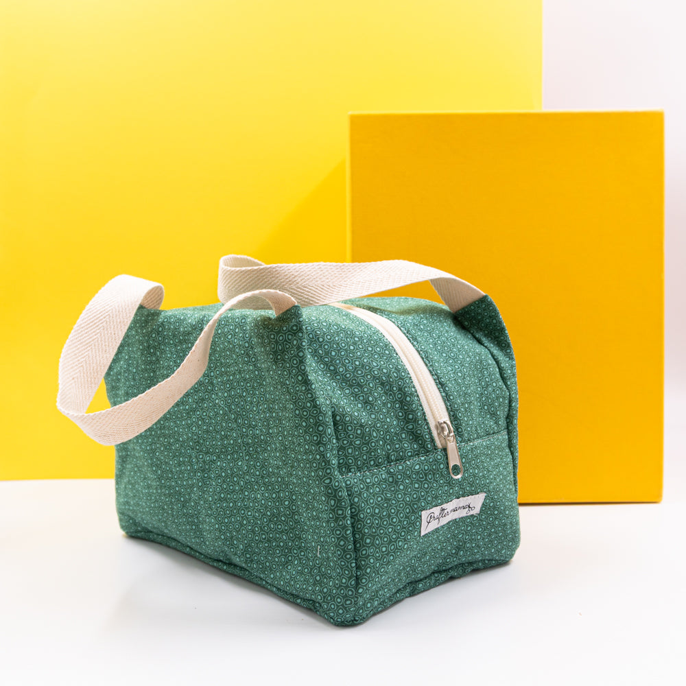 Τσαντάκι φαγητού με χερούλια και φερμουάρ, πράσινο με σχέδια