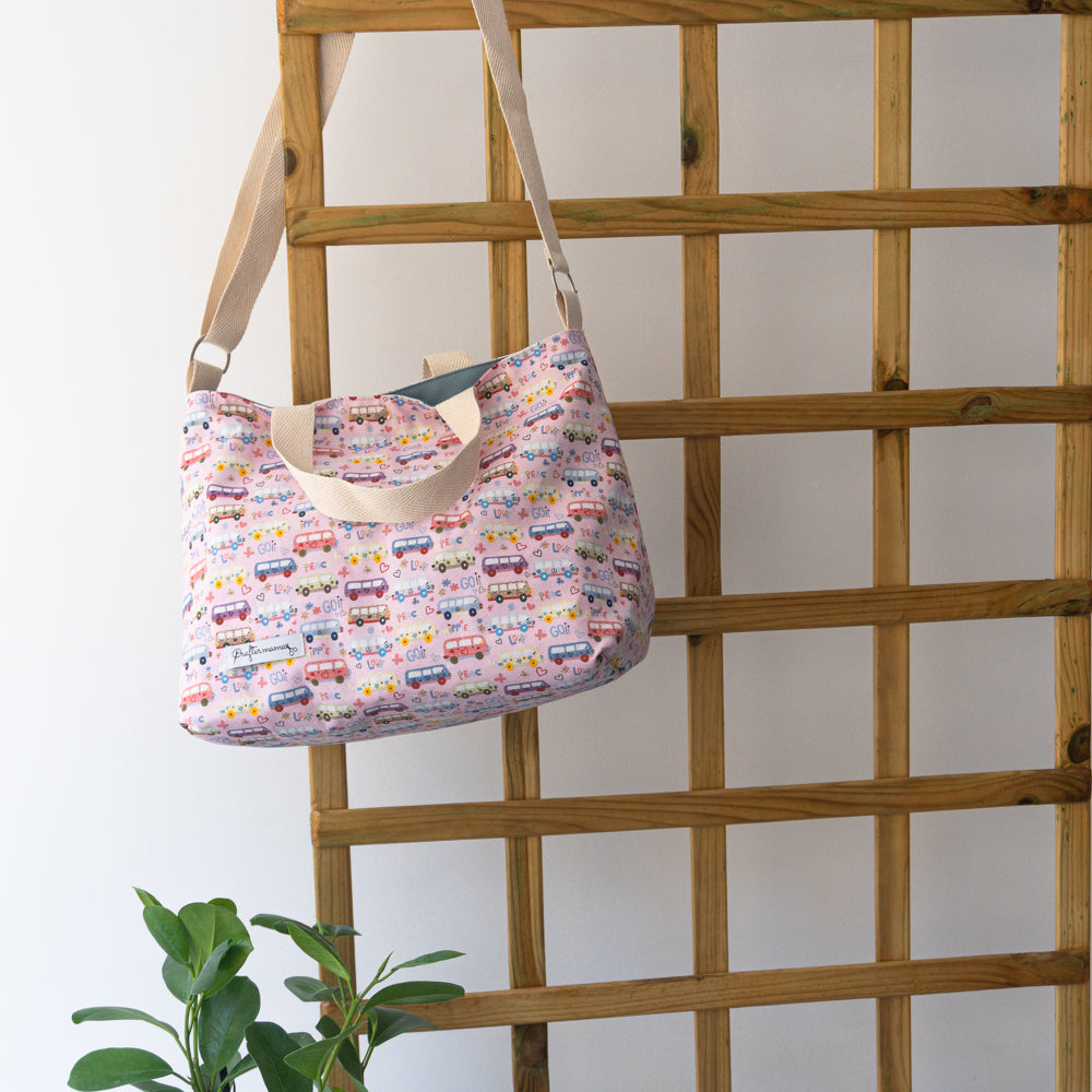 Τσάντα φαγητού με ιμάντα, χερούλια, σε ροζ χρώμα με αυτοκίνητα