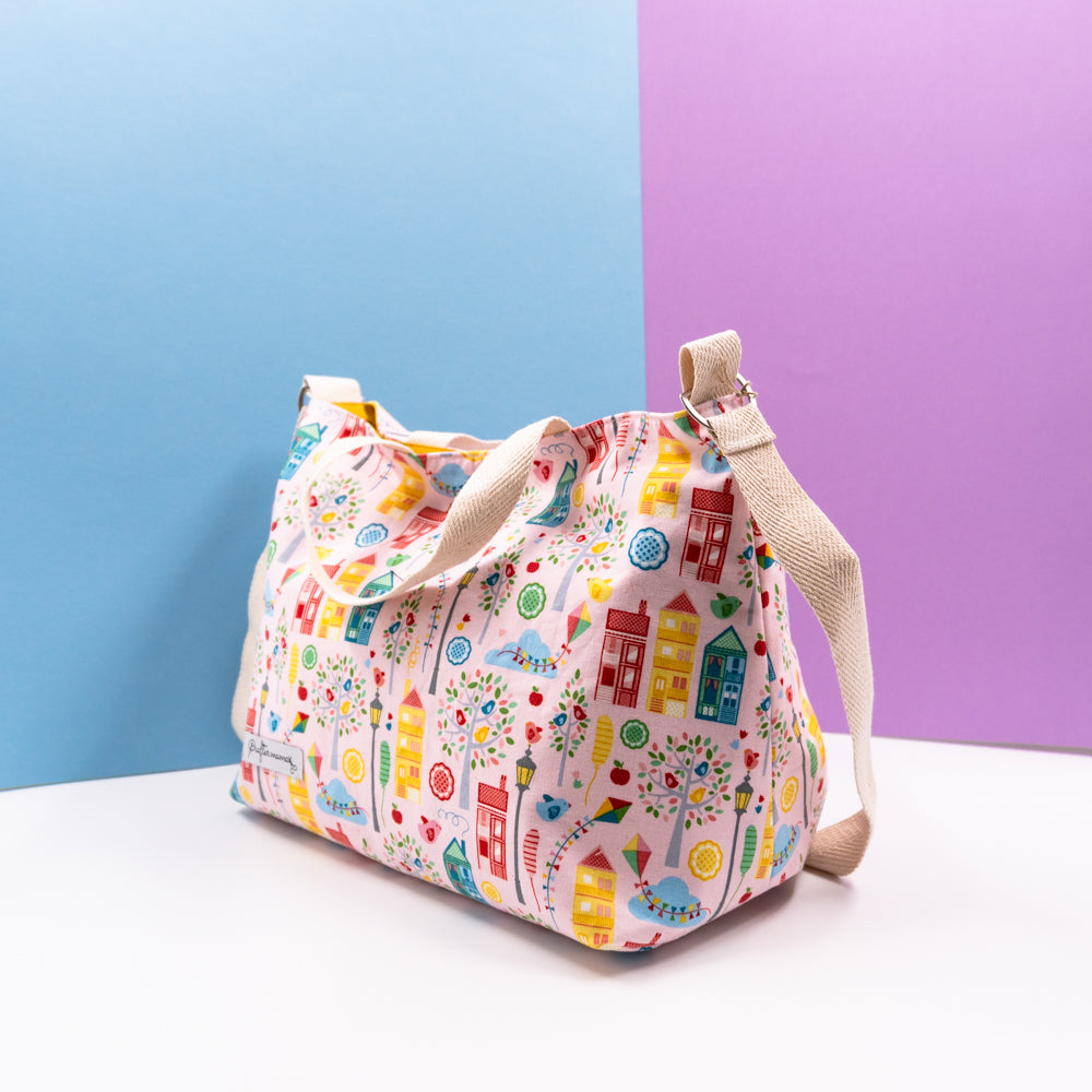 Τσάντα φαγητού με ιμάντα, χερούλια και μαγνητικό κούμπωμα,ροζ με σπιτάκια