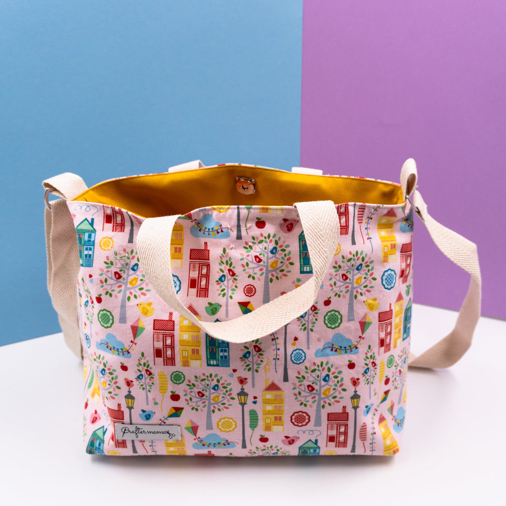 Τσάντα φαγητού με ιμάντα, χερούλια και μαγνητικό κούμπωμα,ροζ με σπιτάκια