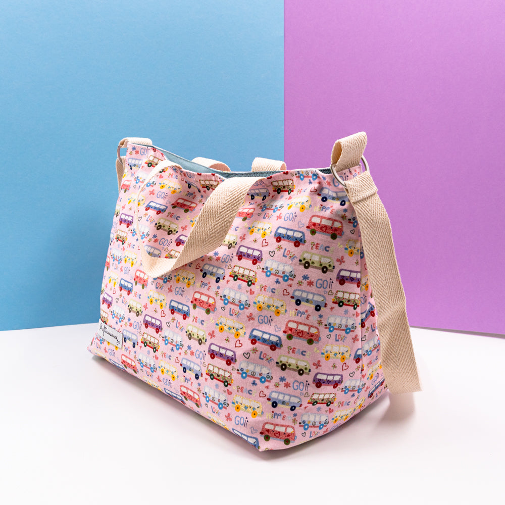 Τσάντα φαγητού με ιμάντα, χερούλια, σε ροζ χρώμα με αυτοκίνητα