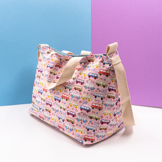Τσάντα φαγητού με ιμάντα, χερούλια, σε ροζ χρώμα με αυτοκίνητα