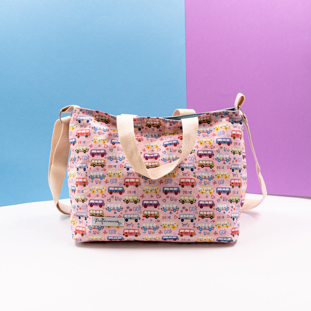 Τσάντα φαγητού με ιμάντα, χερούλια, σε ροζ χρώμα με αυτοκίνητα