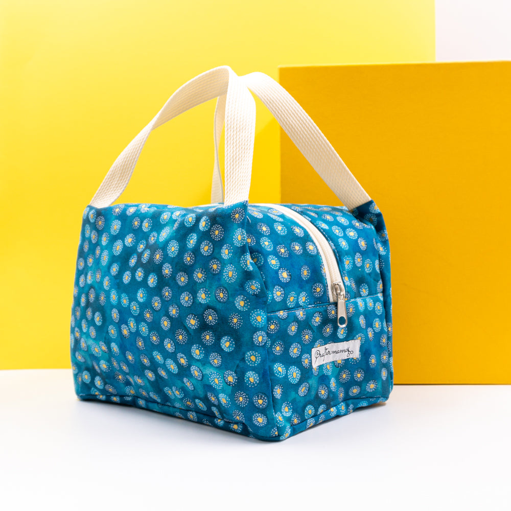 Τσαντάκι φαγητού με χερούλια και φερμουάρ, τυρκουάζ με χρυσές λεπτομέρειες