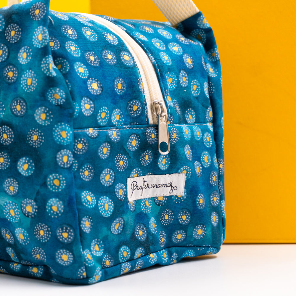 Τσαντάκι φαγητού με χερούλια και φερμουάρ, τυρκουάζ με χρυσές λεπτομέρειες